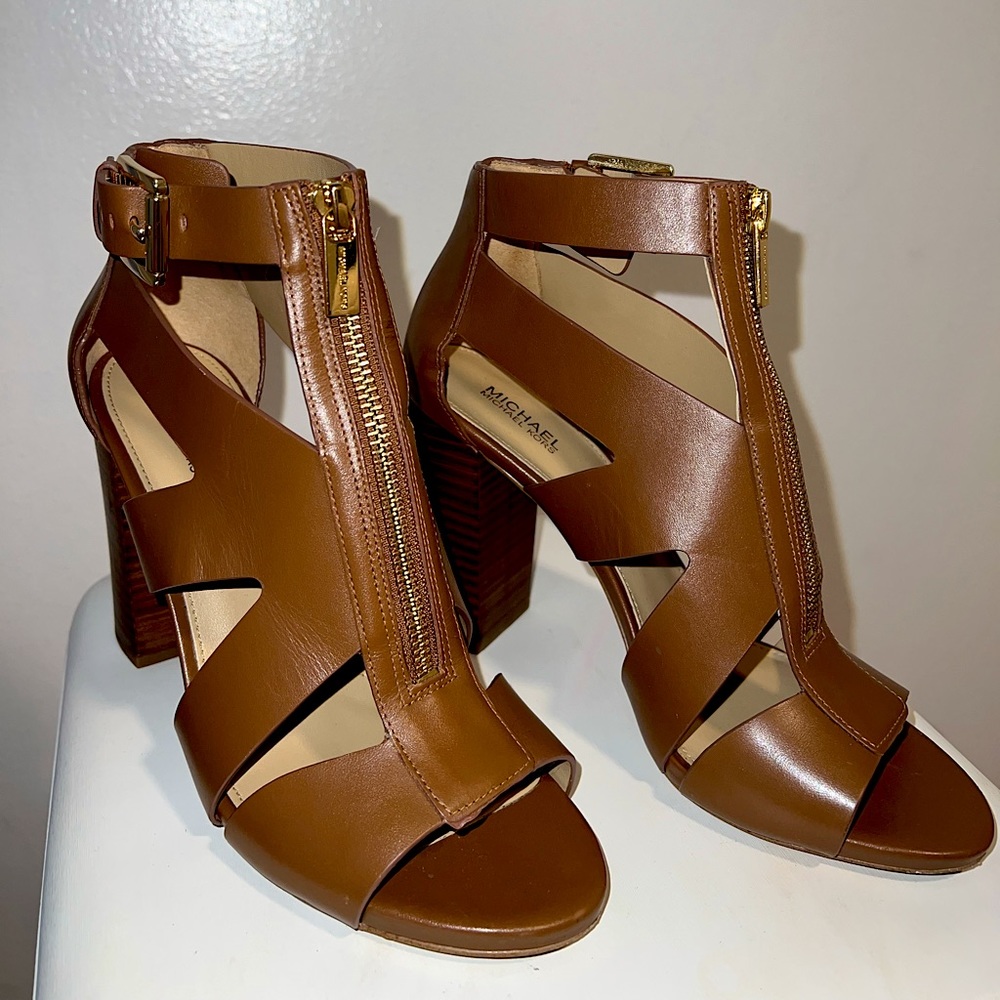 Michael Kors brown block heeled sandals.